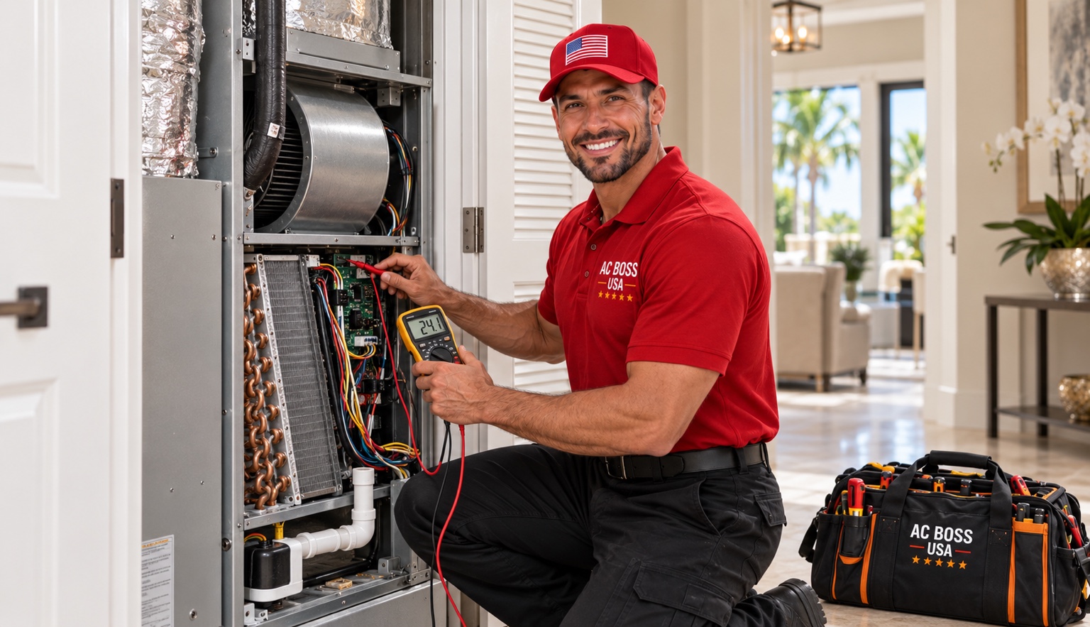 AC Boss USA technician diagnosing an indoor air handler