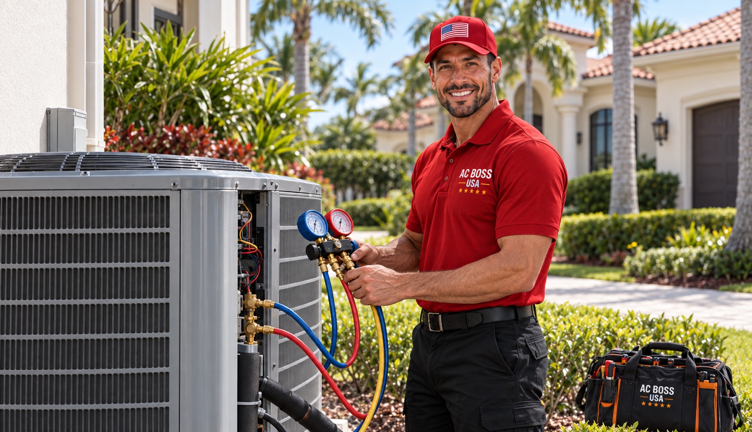 AC Boss USA technician servicing an outdoor condenser with HVAC gauges