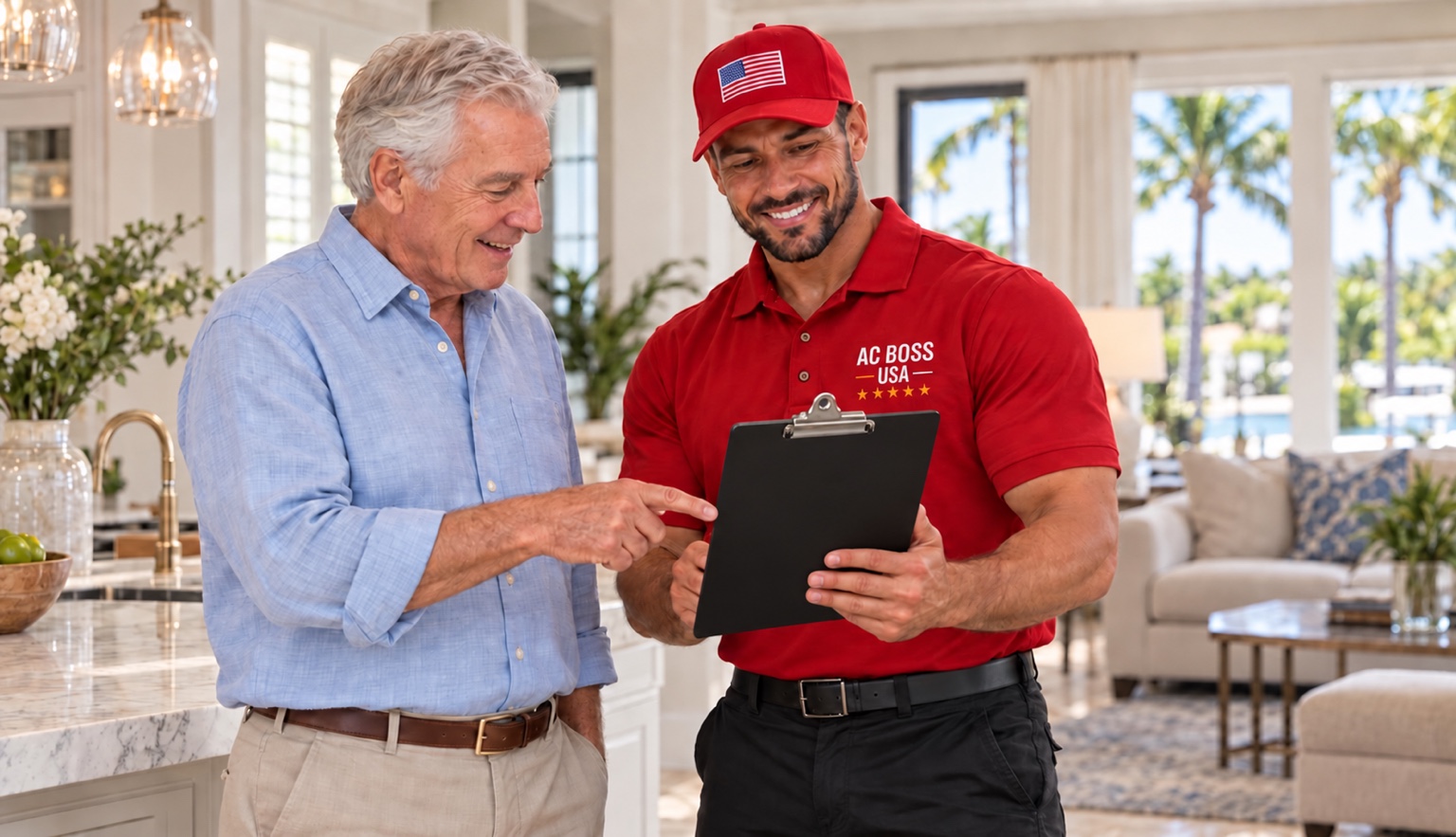 AC Boss USA technician reviewing service information with a homeowner