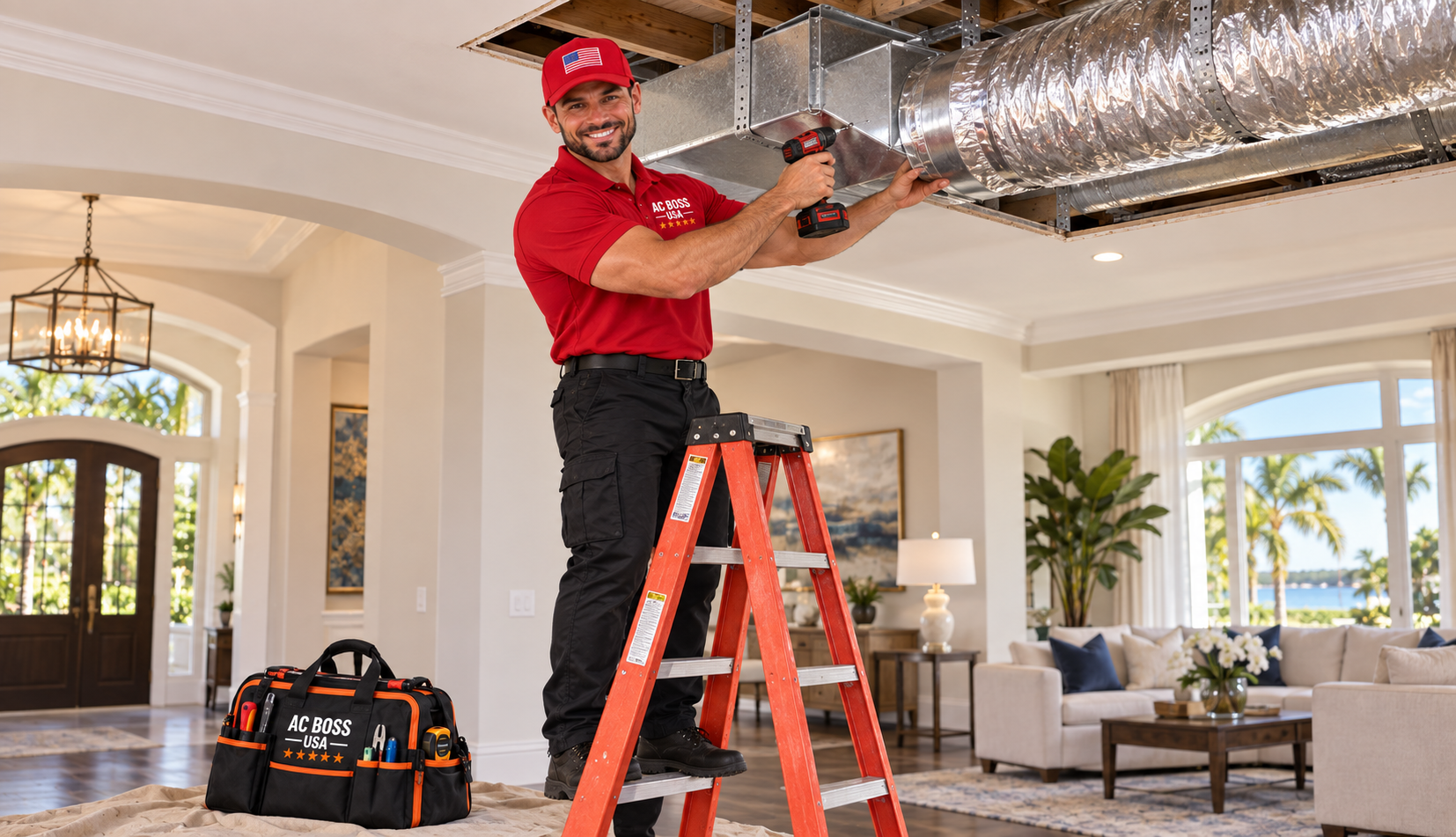 AC Boss USA technician installing ductwork inside a home