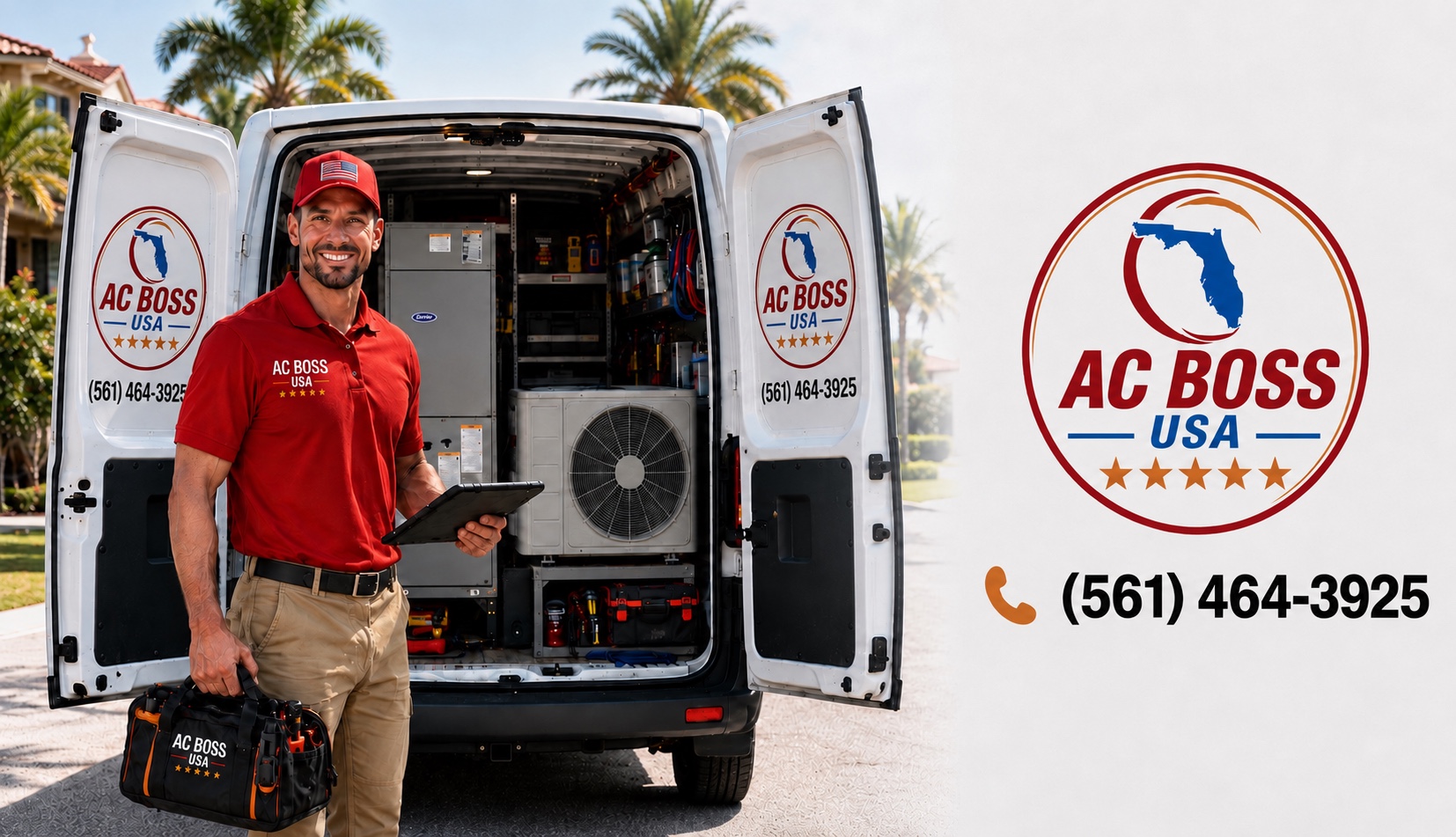AC Boss USA technician beside a stocked work van