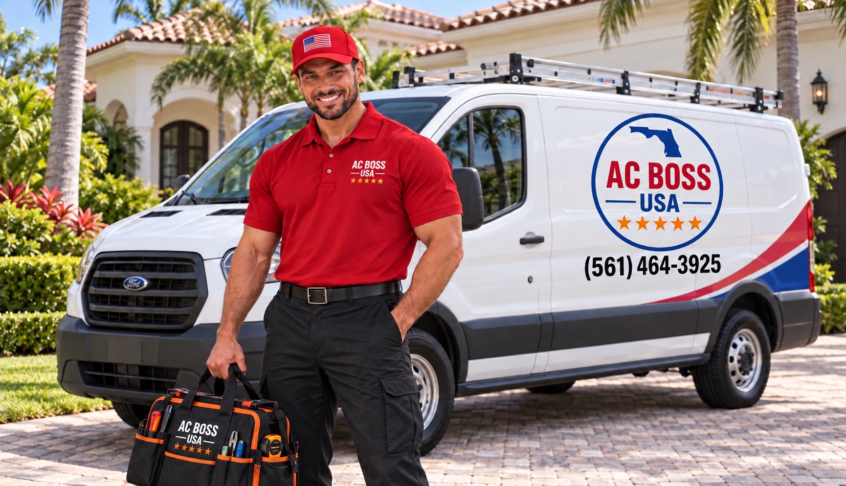 AC Boss USA technician standing in front of a branded service van